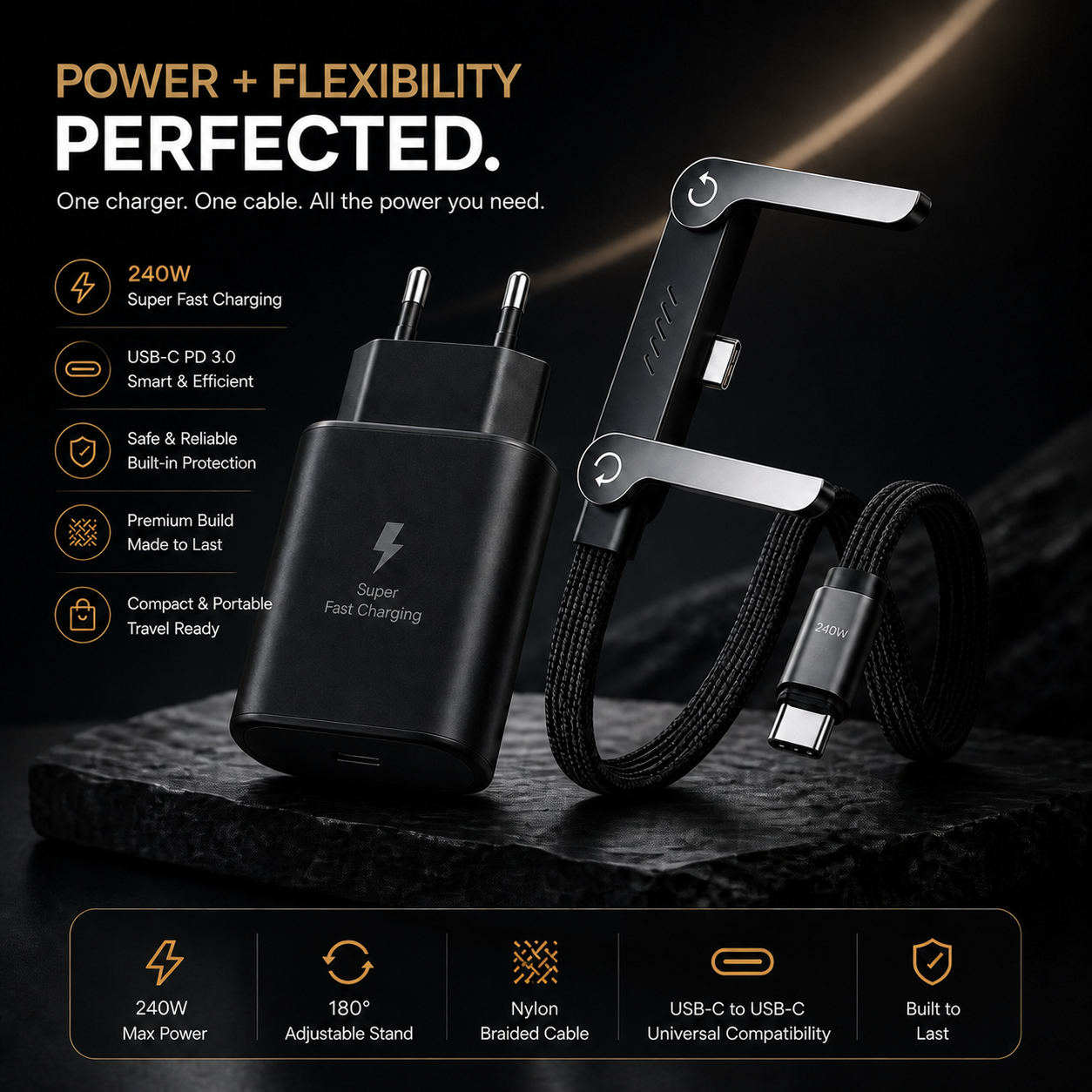 VoltStand Power Bundle™ 🇿🇦 |2-Meter 240W Cable = Build-In Stand + Super Fast Charger Adapter
